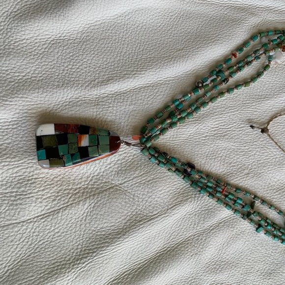 Vintage Navajo TURQUOISE & Heishe necklace with reversible shell pendant - Picture 2 of 7